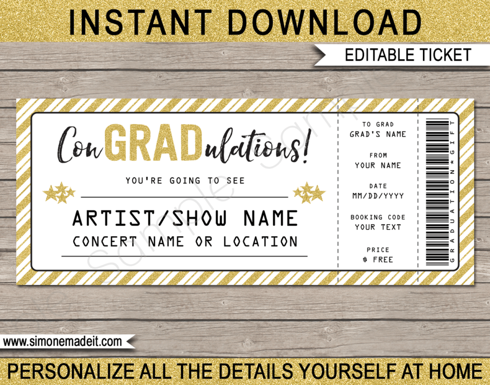 Printable Graduation Concert Ticket Template - Surprise Tickets to a Concert | ConGRADulations | Gold Glitter | Editable & Printable DIY Gift Voucher | Last Minute Gift | Concert, Show, Performance, Band, Artist, Music Festival | Instant Download via giftsbysimonemadeit.com