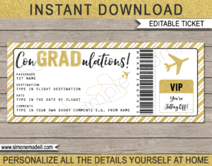 Printable Graduation Gift Boarding Pass Template | Surprise Trip Reveal | Post Grad Flight, Trip, Vacation | Faux Fake Plane Ticket | Congradulations | Graduate Present | DIY Editable & Printable Template | Instant Download via giftsbysimonemadeit.com