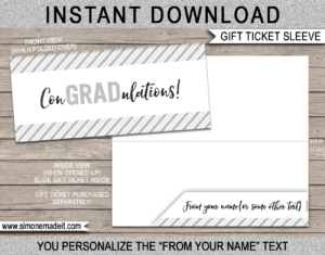 Silver Glitter Printable Graduation Gift Ticket Sleeve Template for gift tickets, fake boarding passes, gift vouchers or money | ConGRADulations | DIY Editable & Printable Template | INSTANT DOWNLOAD via giftsbysimonemadeit.com
