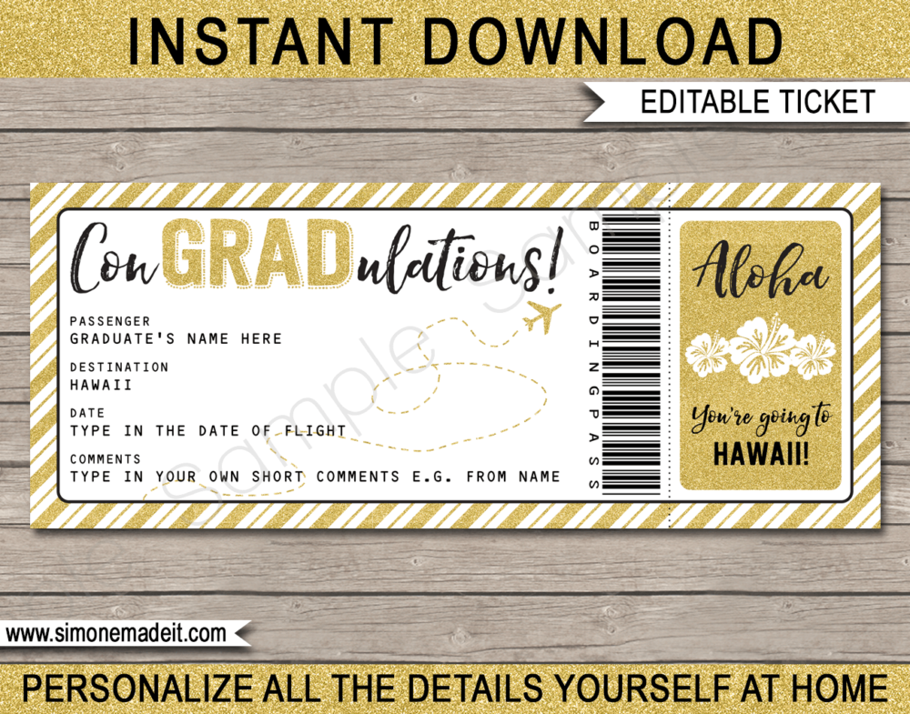 Printable Graduation Trip to Hawaii Boarding Pass Template | Surprise Trip Reveal | Post Grad Flight, Trip, Vacation | Faux Fake Plane Ticket | Congradulations | Graduate Gift | DIY Editable & Printable Template | Instant Download via giftsbysimonemadeit.com