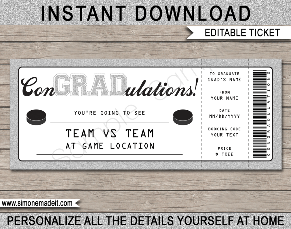 Printable Graduation Hockey Ticket Gift Voucher Template - Surprise tickets to a Hockey Game - Gift Certificate - Graduation present - DIY Editable & Printable Template - INSTANT DOWNLOAD via giftsbysimonemadeit.com #lastminutegift #congradulations