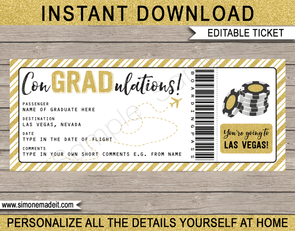 Printable Graduation Trip to Las Vegas Boarding Pass Template | Surprise Trip Reveal | Post Grad Flight, Trip, Vacation | Faux Fake Plane Ticket | Congradulations | Graduate Gift | DIY Editable & Printable Template | Instant Download via giftsbysimonemadeit.com