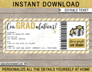 Printable Graduation Trip to Las Vegas Boarding Pass Template | Surprise Trip Reveal | Post Grad Flight, Trip, Vacation | Faux Fake Plane Ticket | Congradulations | Graduate Gift | DIY Editable & Printable Template | Instant Download via giftsbysimonemadeit.com