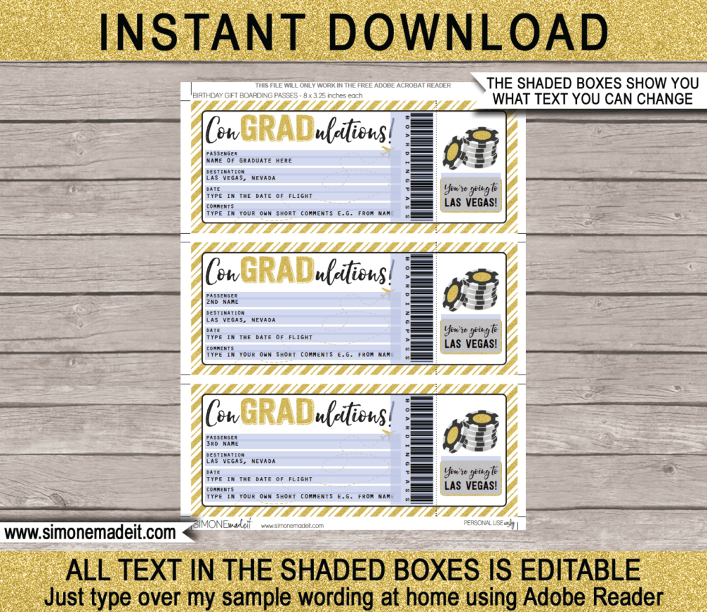 Printable Graduation Trip to Las Vegas Boarding Pass Template | Surprise Trip Reveal | Post Grad Flight, Trip, Vacation | Faux Fake Plane Ticket | Congradulations | Graduate Gift | DIY Editable & Printable Template | Instant Download via giftsbysimonemadeit.com