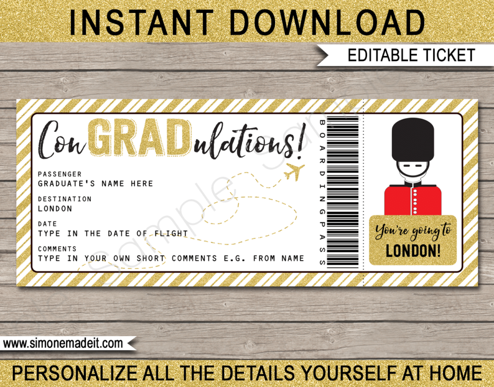 Printable Graduation Trip to London Boarding Pass Template | Surprise UK Trip Reveal | Post Grad Flight, Trip, Vacation | Faux Fake Plane Ticket | Congradulations | Graduate Gift | DIY Editable & Printable Template | Instant Download via giftsbysimonemadeit.com