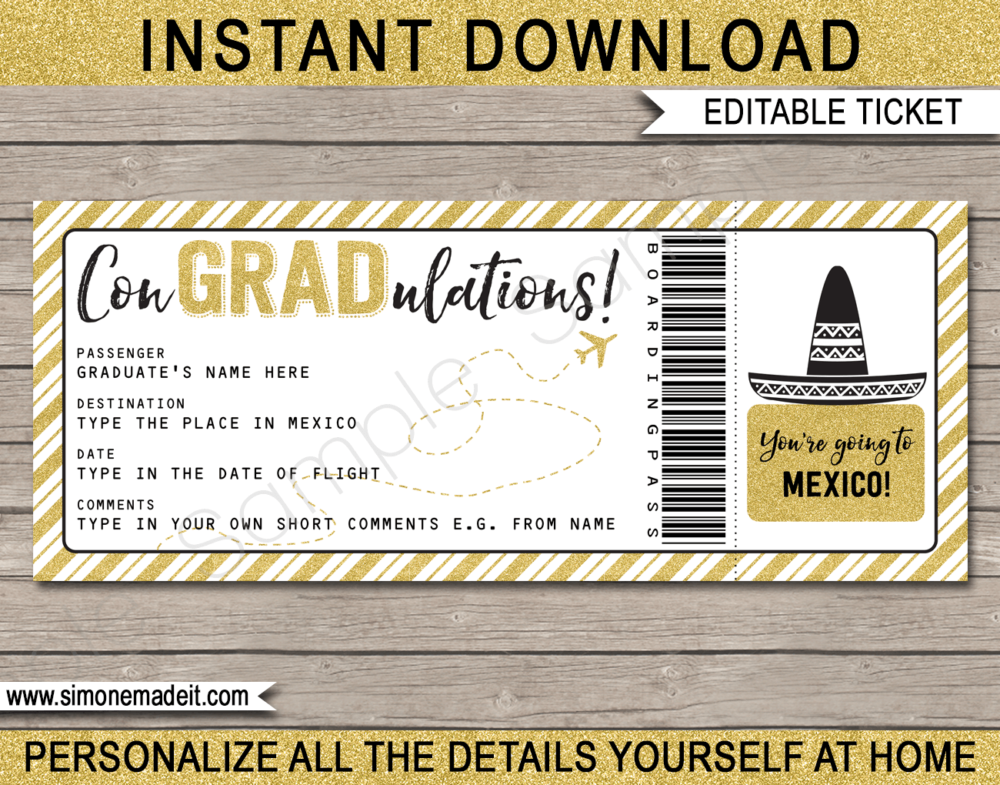 Printable Graduation Trip to Mexico Boarding Pass Template | Surprise Trip Reveal | Post Grad Flight, Trip, Vacation | Faux Fake Plane Ticket | Congradulations | Graduate Gift | DIY Editable & Printable Template | Instant Download via giftsbysimonemadeit.com