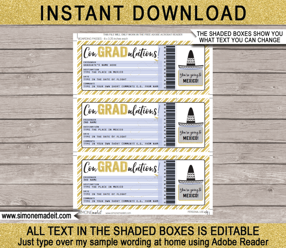 Printable Graduation Trip to Mexico Boarding Pass Template | Surprise Trip Reveal | Post Grad Flight, Trip, Vacation | Faux Fake Plane Ticket | Congradulations | Graduate Gift | DIY Editable & Printable Template | Instant Download via giftsbysimonemadeit.com