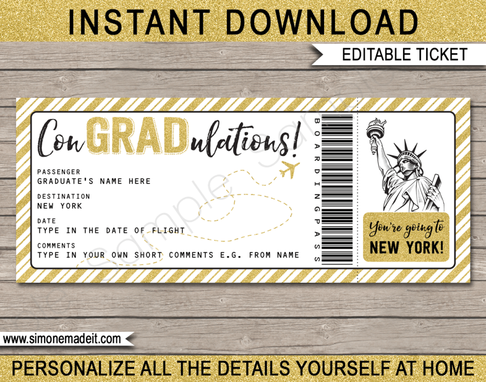 Printable Graduation Trip to New York Boarding Pass Template | Surprise NYC Trip Reveal | Post Grad Flight, Trip, Vacation | Faux Fake Plane Ticket | Congradulations | Graduate Gift | DIY Editable & Printable Template | Instant Download via giftsbysimonemadeit.com