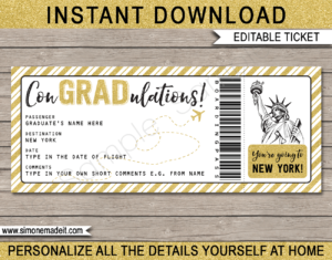 Printable Graduation Trip to New York Boarding Pass Template | Surprise NYC Trip Reveal | Post Grad Flight, Trip, Vacation | Faux Fake Plane Ticket | Congradulations | Graduate Gift | DIY Editable & Printable Template | Instant Download via giftsbysimonemadeit.com