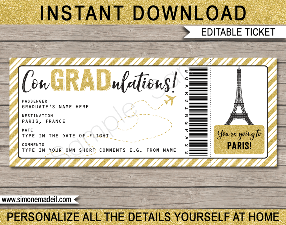 Printable Graduation Trip to Paris Boarding Pass Template | Surprise Trip Reveal | Post Grad Flight, Trip, Vacation | Faux Fake Plane Ticket | Congradulations | Graduate Gift | DIY Editable & Printable Template | Instant Download via giftsbysimonemadeit.com