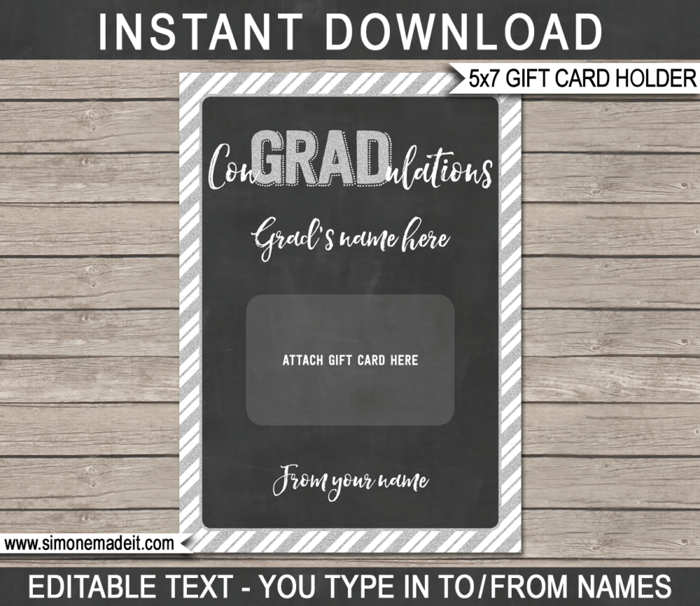 Silver Printable Graduation Gift Card Holder Template for Graduation gift cards | Last minute grad gift | Starbucks, Amazon, Target, Walmart, Visa | DIY Editable & Printable Template | Instant Download via giftsbysimonemadeit.com