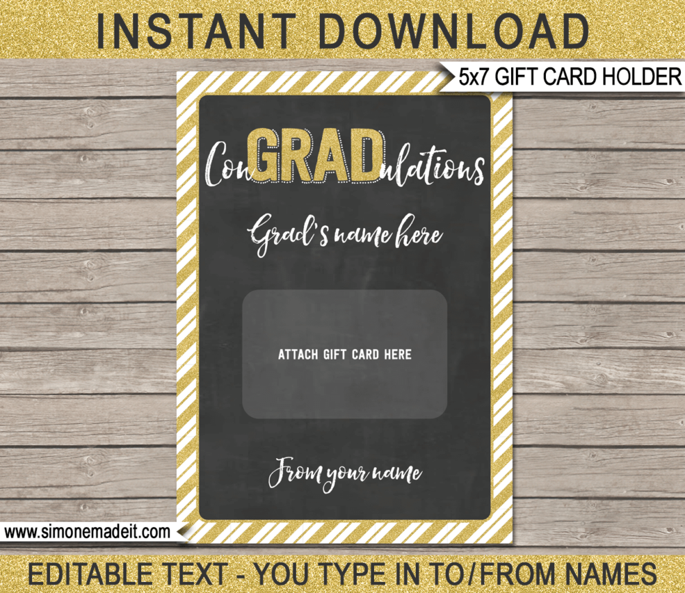 Gold Printable Graduation Gift Card Holder Template for Graduation gift cards | Last minute grad gift | Starbucks, Amazon, Target, Walmart, Visa | DIY Editable & Printable Template | Instant Download via giftsbysimonemadeit.com