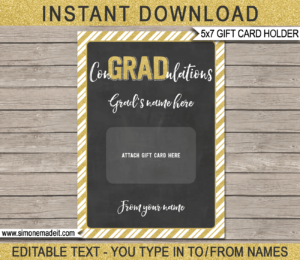 Gold Printable Graduation Gift Card Holder Template for Graduation gift cards | Last minute grad gift | Starbucks, Amazon, Target, Walmart, Visa | DIY Editable & Printable Template | Instant Download via giftsbysimonemadeit.com