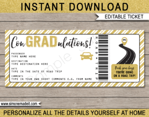 Printable Graduation Road Trip Ticket Template | ConGRADulations | Gold Glitter | Surprise Road Trip Reveal Gift Ticket | Fake Ticket | High School College Graduation Present | Driving Holiday | INSTANT DOWNLOAD via giftsbysimonemadeit.com