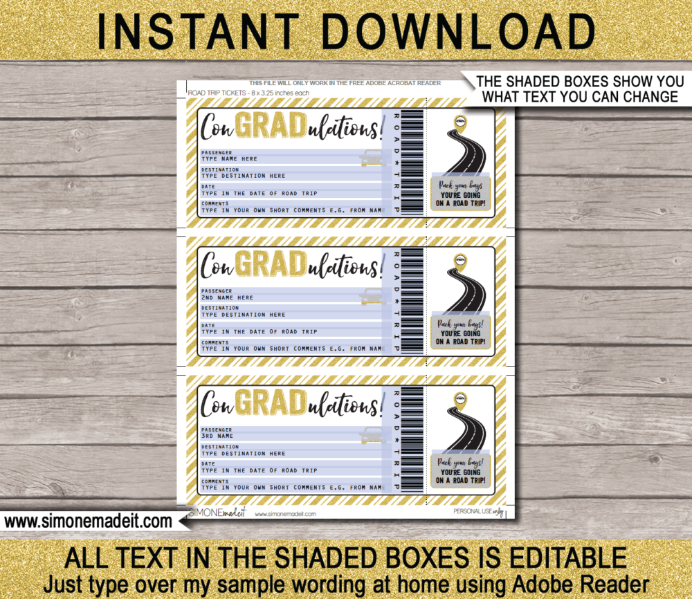 Printable Graduation Road Trip Ticket Template | ConGRADulations | Gold Glitter | Surprise Road Trip Reveal Gift Ticket | Fake Ticket | High School College Graduation Present | Driving Holiday | INSTANT DOWNLOAD via giftsbysimonemadeit.com