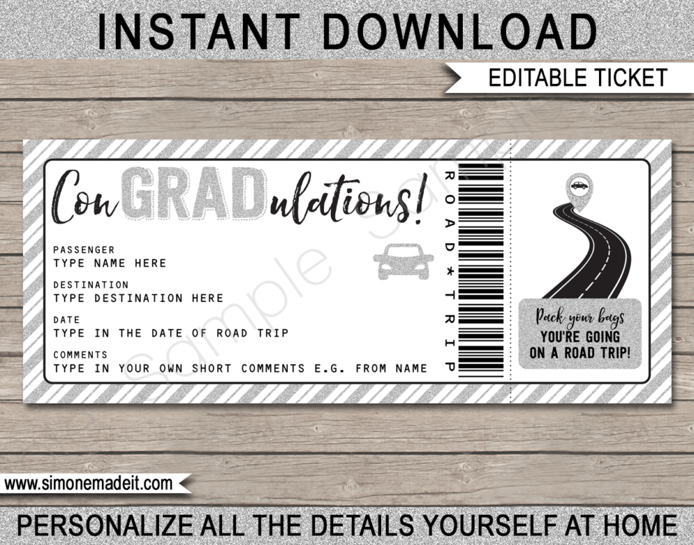 Printable Graduation Road Trip Ticket Template | ConGRADulations | Silver Glitter | Surprise Road Trip Reveal Gift Ticket | Fake Ticket | High School College Graduation Present | Driving Holiday | INSTANT DOWNLOAD via giftsbysimonemadeit.com