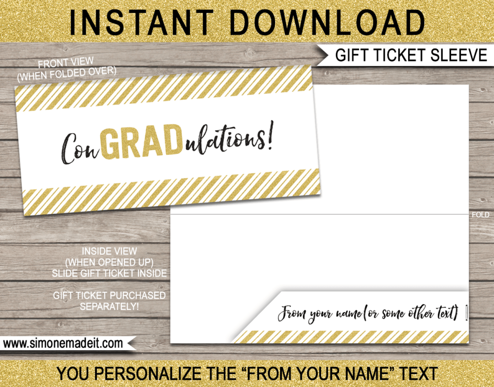 Gold Glitter Printable Graduation Gift Ticket Sleeve Template for gift tickets, fake boarding passes, gift vouchers or money | ConGRADulations | DIY Editable & Printable Template | INSTANT DOWNLOAD via giftsbysimonemadeit.com