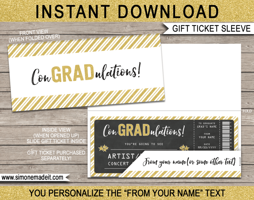 Gold Glitter Printable Graduation Gift Ticket Sleeve Template for gift tickets, fake boarding passes, gift vouchers or money | ConGRADulations | DIY Editable & Printable Template | INSTANT DOWNLOAD via giftsbysimonemadeit.com