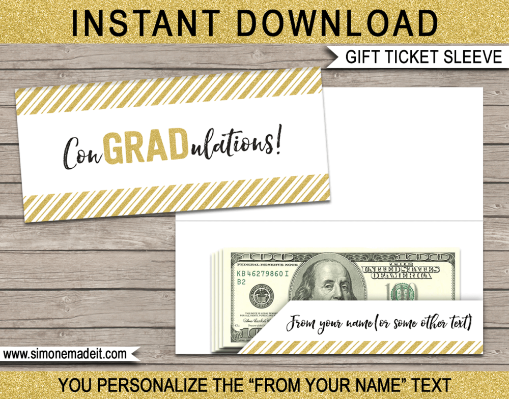 Gold Glitter Printable Graduation Gift Ticket Sleeve Template for gift tickets, fake boarding passes, gift vouchers or money | ConGRADulations | DIY Editable & Printable Template | INSTANT DOWNLOAD via giftsbysimonemadeit.com