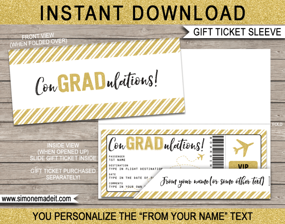 Gold Glitter Editable Graduation Gift Ticket Sleeve Template for gift tickets, fake boarding passes, gift vouchers or money | ConGRADulations | DIY Editable & Printable Template | INSTANT DOWNLOAD via giftsbysimonemadeit.com