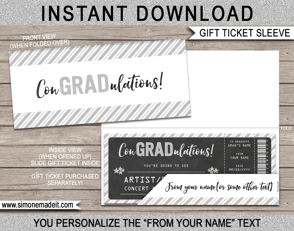 Printable Graduation Gift Ticket Sleeve Template for gift tickets, fake boarding passes, gift vouchers or money | ConGRADulations | DIY Editable & Printable Template | INSTANT DOWNLOAD via giftsbysimonemadeit.com