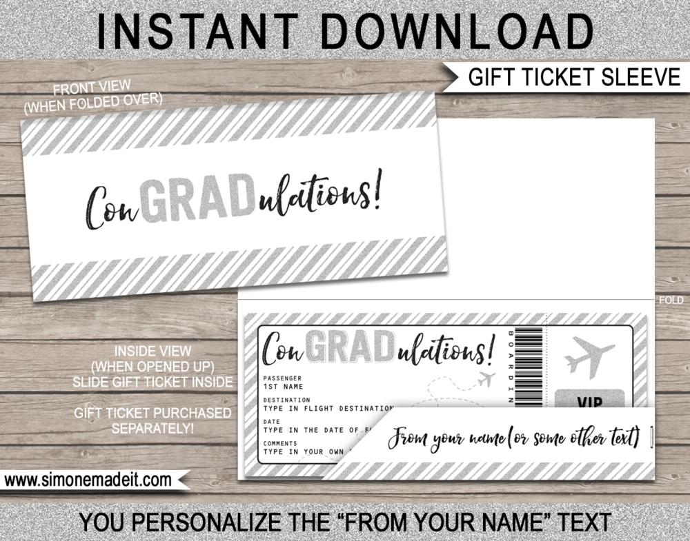 Silver Glitter Printable Graduation Gift Ticket Sleeve Template for gift tickets, fake boarding passes, gift vouchers or money | ConGRADulations | DIY Editable & Printable Template | INSTANT DOWNLOAD via giftsbysimonemadeit.com