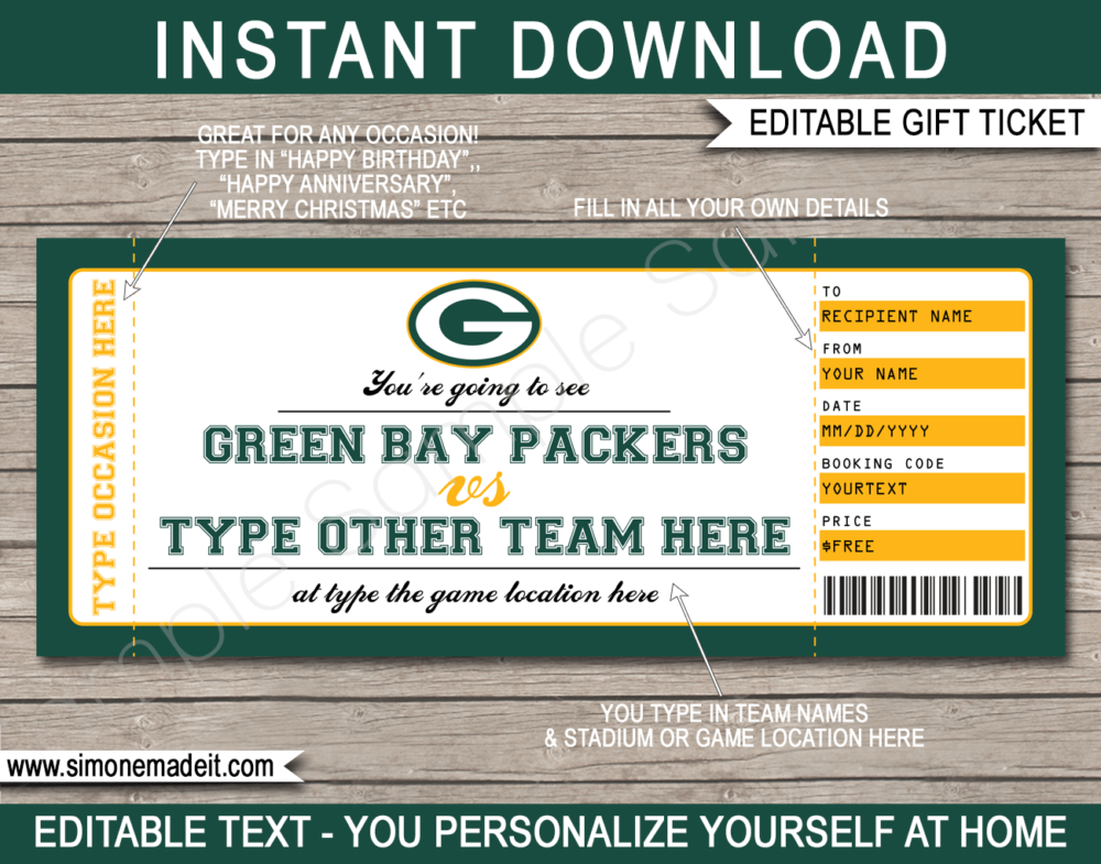 Printable Green Bay Packers Game Ticket Gift Voucher Template | Surprise tickets to a Green Bay Packers Football Game | Editable Text | Gift Certificate | Birthday, Christmas, Anniversary, Retirement, Graduation, Mother's Day, Father's Day, Congratulations, Valentine's Day | INSTANT DOWNLOAD via giftsbysimonemadeit.com