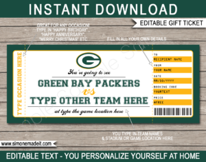Printable Green Bay Packers Game Ticket Gift Voucher Template | Surprise tickets to a Green Bay Packers Football Game | Editable Text | Gift Certificate | Birthday, Christmas, Anniversary, Retirement, Graduation, Mother's Day, Father's Day, Congratulations, Valentine's Day | INSTANT DOWNLOAD via giftsbysimonemadeit.com