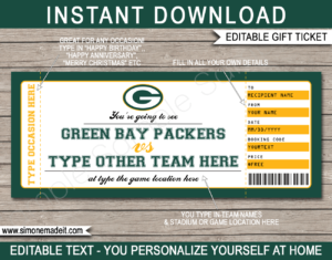 Green Bay Packers Game Ticket Gift Voucher | Printable Surprise Football  Tickets