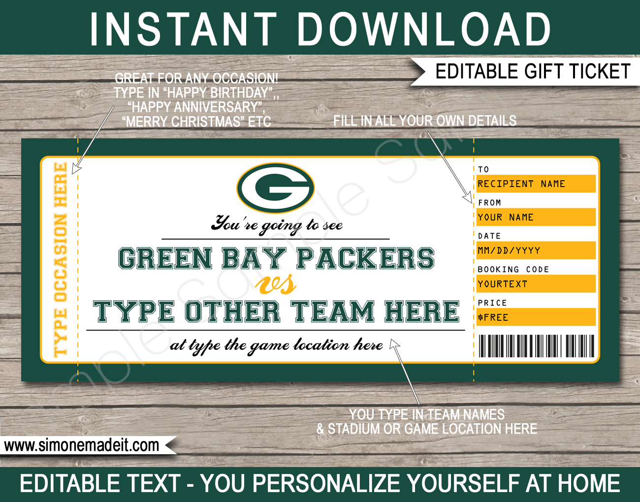 Green Bay Packers Game Ticket Gift Voucher Printable Surprise