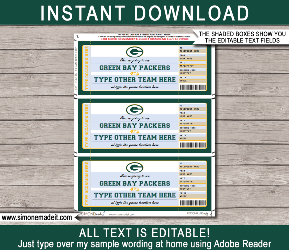 Printable Green Bay Packers Game Ticket Gift Voucher Template | Surprise tickets to a Green Bay Packers Football Game | Editable Text | Gift Certificate | Birthday, Christmas, Anniversary, Retirement, Graduation, Mother's Day, Father's Day, Congratulations, Valentine's Day | INSTANT DOWNLOAD via giftsbysimonemadeit.com