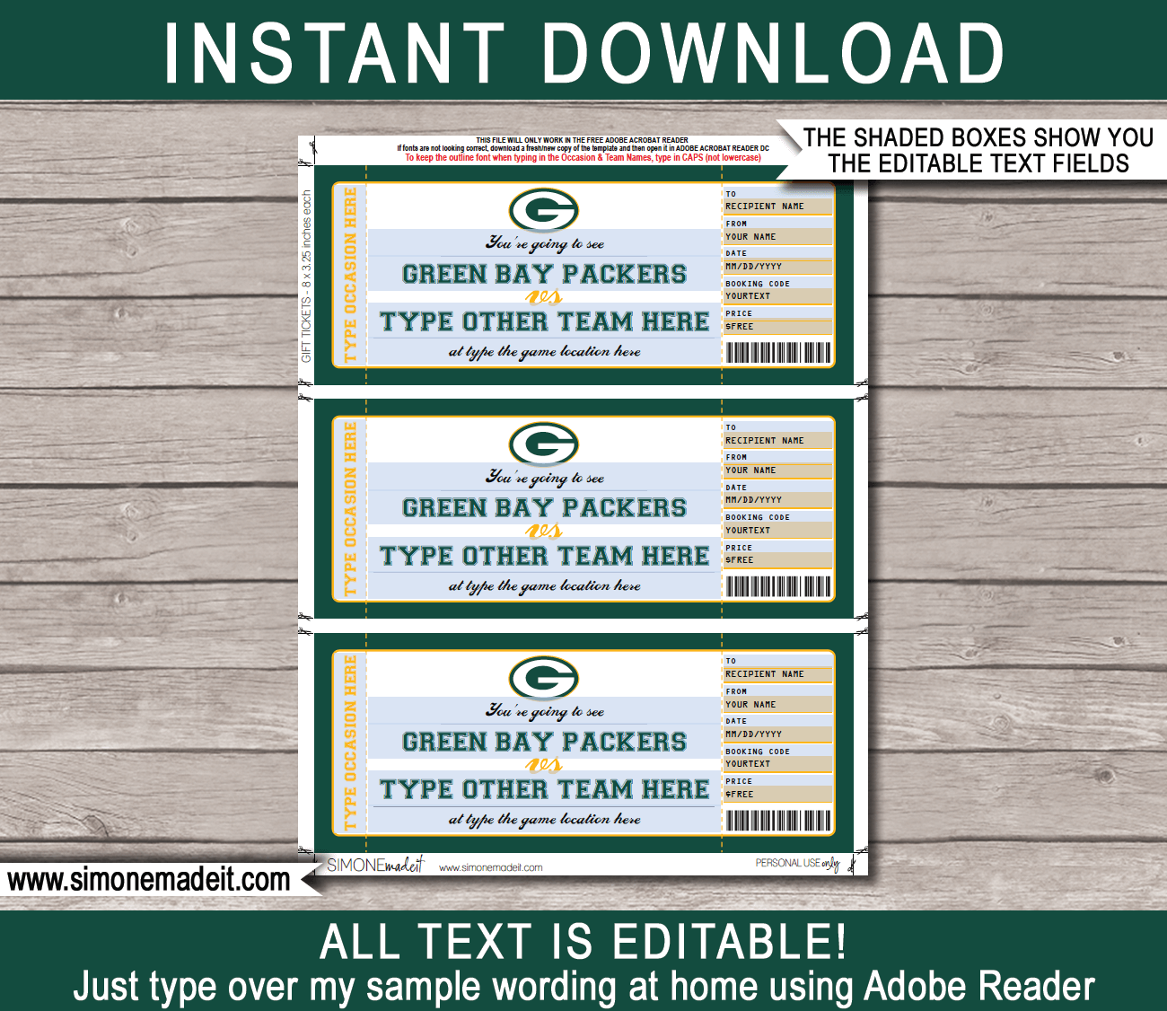 Green Bay Packers Game Ticket Gift Voucher | Printable Surprise Football  Tickets