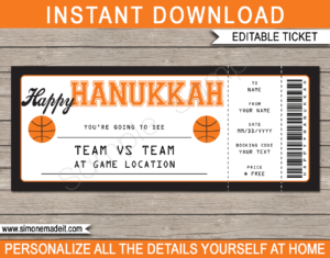 Printable Hanukkah Basketball Ticket Gift Voucher Template - Surprise tickets to a Basketball Game - Gift Certificate - Hanukkah present - DIY Editable & Printable Template - INSTANT DOWNLOAD via giftsbysimonemadeit.com #lastminutegift