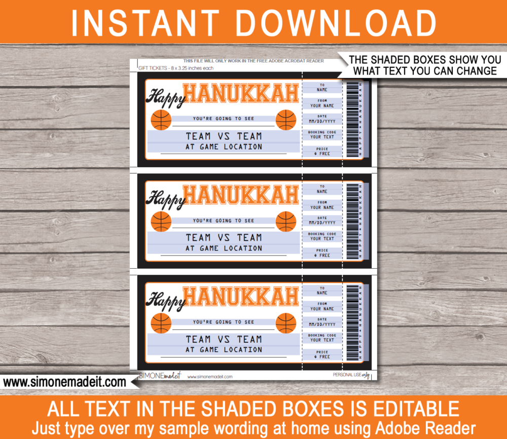 Printable Hanukkah Basketball Ticket Gift Voucher Template - Surprise tickets to a Basketball Game - Gift Certificate - Hanukkah present - DIY Editable & Printable Template - INSTANT DOWNLOAD via giftsbysimonemadeit.com #lastminutegift