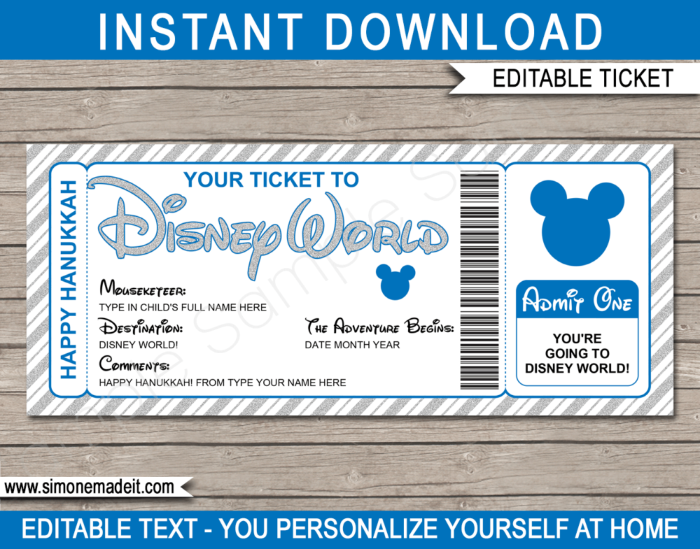 Hanukkah Surprise Trip to Disney World Ticket Template | Trip Reveal | Walt Disney World Gift Voucher or Certificate | Editable & Printable Disney World Ticket | INSTANT DOWNLOAD via giftsbysimonemadeit.com