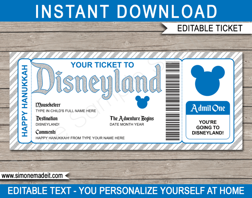 Hanukkah Surprise Trip to Disneyland Ticket Template | Trip Reveal | Disneyland Gift Voucher or Certificate | Editable & Printable Disney Ticket | INSTANT DOWNLOAD via giftsbysimonemadeit.com