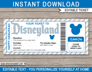 Hanukkah Surprise Trip to Disneyland Ticket Template | Trip Reveal | Disneyland Gift Voucher or Certificate | Editable & Printable Disney Ticket | INSTANT DOWNLOAD via giftsbysimonemadeit.com