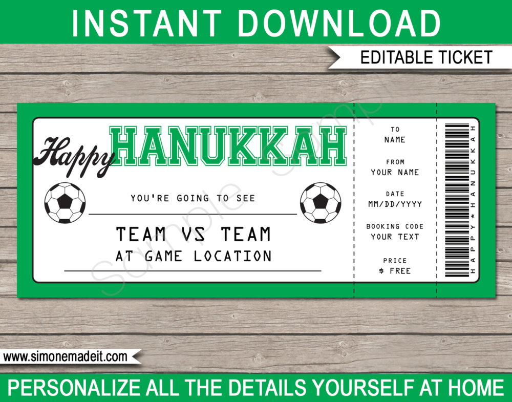 Printable Hanukkah Soccer Ticket Gift Voucher Template - Surprise tickets to a Football Soccer Game - Gift Certificate - Hanukkah present - DIY Editable & Printable Template - INSTANT DOWNLOAD via giftsbysimonemadeit.com #lastminutegift