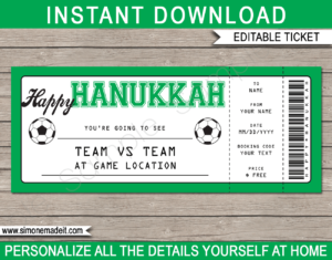 Printable Hanukkah Soccer Ticket Gift Voucher Template - Surprise tickets to a Football Soccer Game - Gift Certificate - Hanukkah present - DIY Editable & Printable Template - INSTANT DOWNLOAD via giftsbysimonemadeit.com #lastminutegift