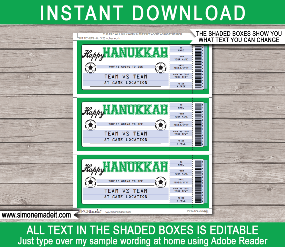 Printable Hanukkah Soccer Ticket Gift Voucher Template - Surprise tickets to a Football Soccer Game - Gift Certificate - Hanukkah present - DIY Editable & Printable Template - INSTANT DOWNLOAD via giftsbysimonemadeit.com #lastminutegift