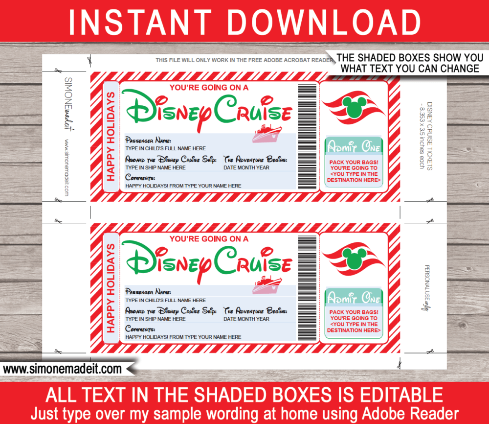 Disney Cruise Holiday Boarding Pass Template | Surprise Disney Cruise Reveal | Printable & Editable Gift Voucher | INSTANT DOWNLOAD via giftsbysimonemadeit.com