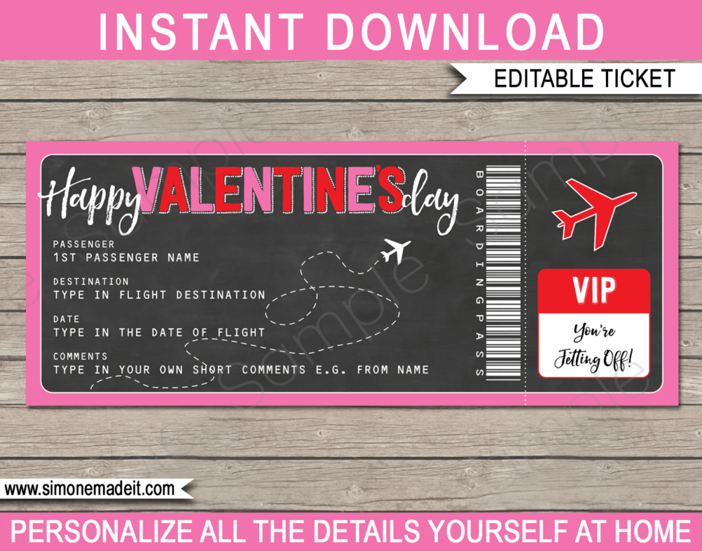 Printable Valentine's Day Boarding Pass Gift Ticket template | Surprise Trip Reveal, Flight, Getaway, Holiday, Vacation | Faux Fake Plane Boarding Pass | Valentines Day Present | DIY Editable Template | Instant Download via giftsbysimonemadeit.com