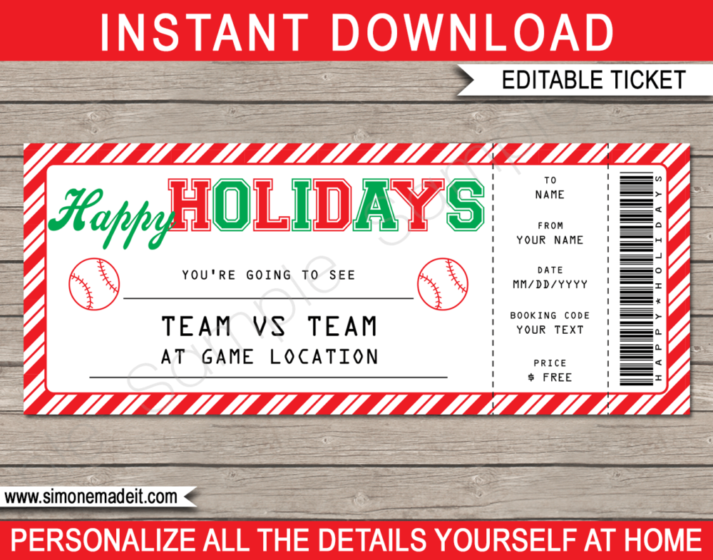 Printable Holidays Baseball Ticket Gift Voucher Template - Surprise tickets to a Baseball Game - Gift Certificate - Holiday present - DIY Editable & Printable Template - INSTANT DOWNLOAD via giftsbysimonemadeit.com #lastminutegift