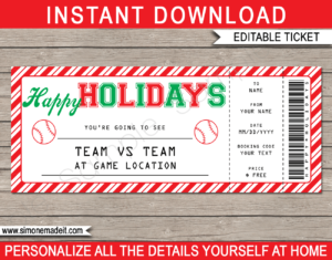 Printable Holidays Baseball Ticket Gift Voucher Template - Surprise tickets to a Baseball Game - Gift Certificate - Holiday present - DIY Editable & Printable Template - INSTANT DOWNLOAD via giftsbysimonemadeit.com #lastminutegift