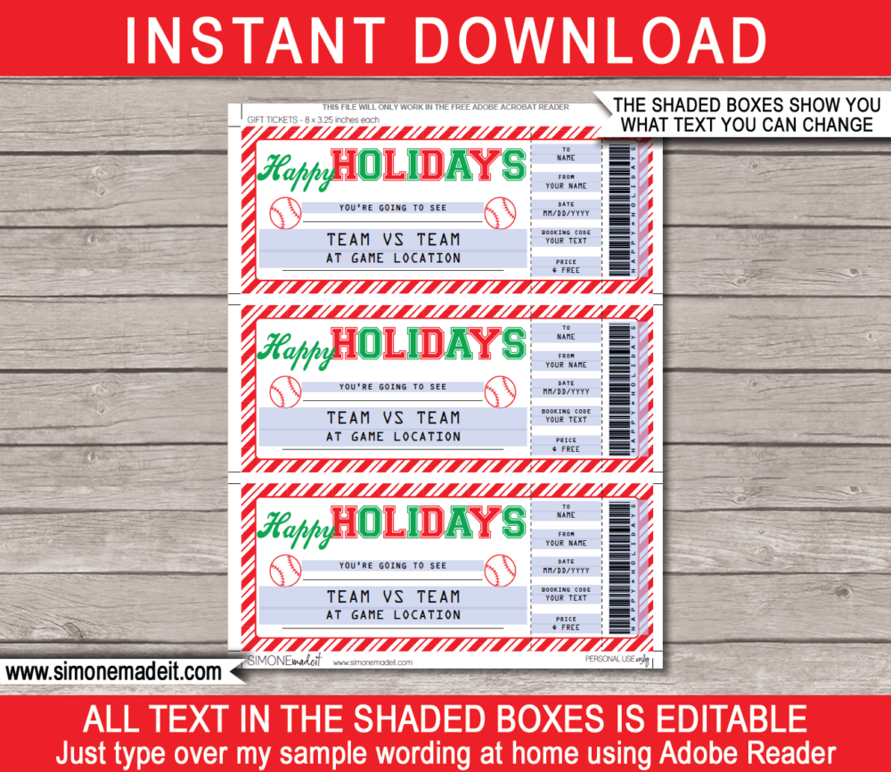 Printable Holidays Baseball Ticket Gift Voucher Template - Surprise tickets to a Baseball Game - Gift Certificate - Holiday present - DIY Editable & Printable Template - INSTANT DOWNLOAD via giftsbysimonemadeit.com #lastminutegift