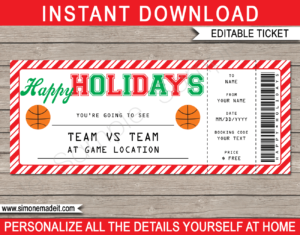Printable Holidays Basketball Ticket Gift Voucher Template - Surprise tickets to a Basketball Game - Gift Certificate - Holiday present - DIY Editable & Printable Template - INSTANT DOWNLOAD via giftsbysimonemadeit.com #lastminutegift