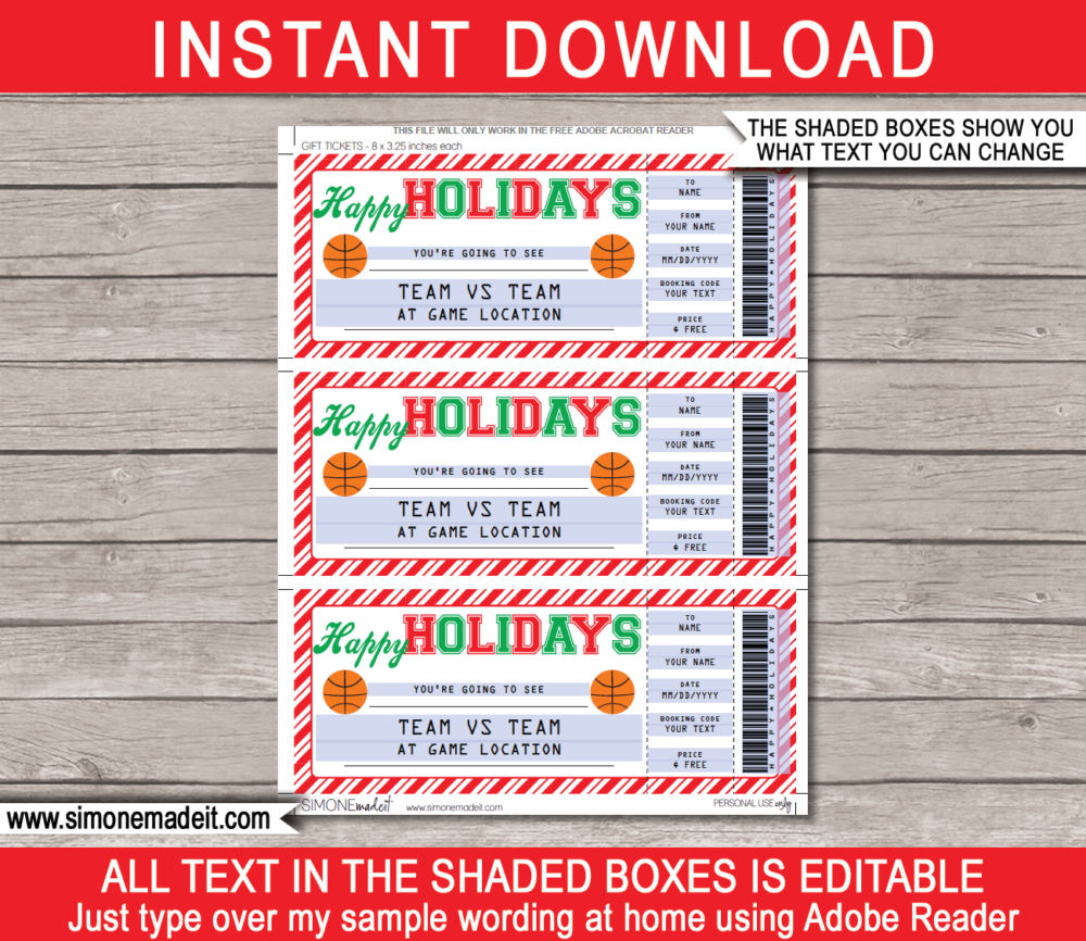 Printable Holidays Basketball Ticket Gift Voucher Template - Surprise tickets to a Basketball Game - Gift Certificate - Holiday present - DIY Editable & Printable Template - INSTANT DOWNLOAD via giftsbysimonemadeit.com #lastminutegift