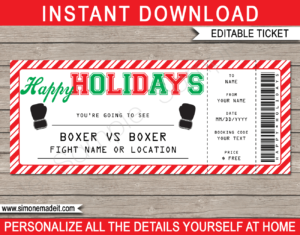 Printable Holidays Boxing Ticket Gift Voucher Template - Surprise tickets to a Boxing Match Fight - Gift Certificate - Holiday present - DIY Editable & Printable Template - INSTANT DOWNLOAD via giftsbysimonemadeit.com #lastminutegift