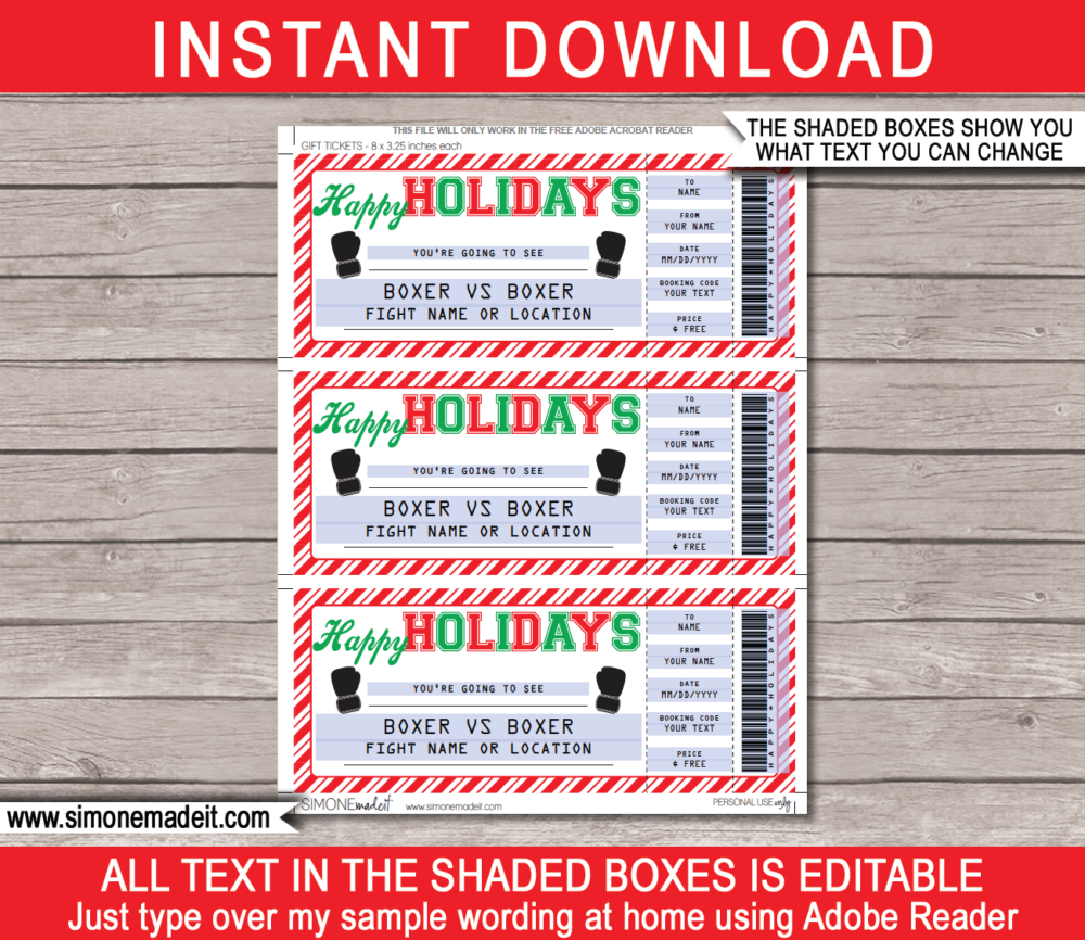 Printable Holidays Boxing Ticket Gift Voucher Template - Surprise tickets to a Boxing Match Fight - Gift Certificate - Holiday present - DIY Editable & Printable Template - INSTANT DOWNLOAD via giftsbysimonemadeit.com #lastminutegift