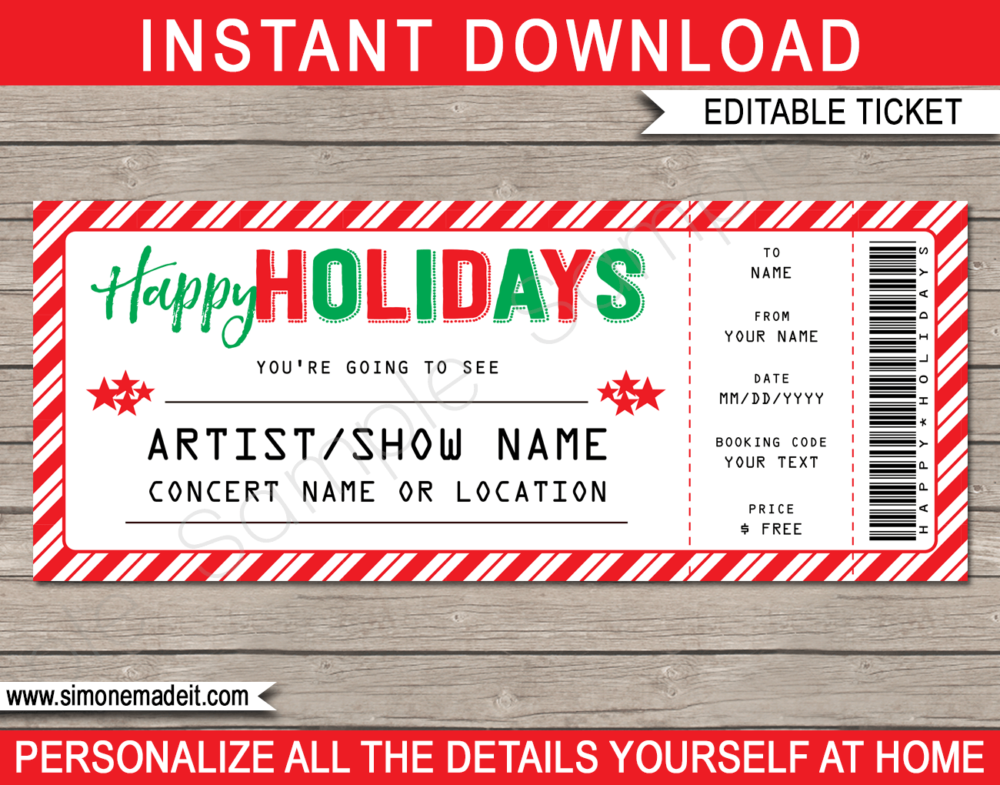 Printable Holidays Gift Concert Ticket Template | Surprise Tickets to a Concert, Band, Show, Music Festival, Performance, Artist | Fake Concert Ticket | Holiday Present | DIY Editable & Printable Template | Instant Download via giftsbysimonemadeit.com